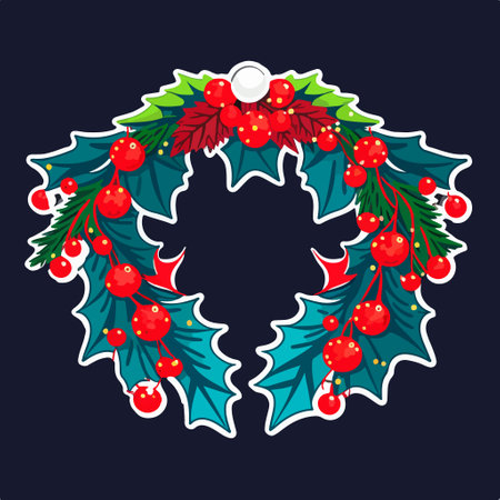 Christmas wreath with holly berry. Vector illustration on dark background.のイラスト素材