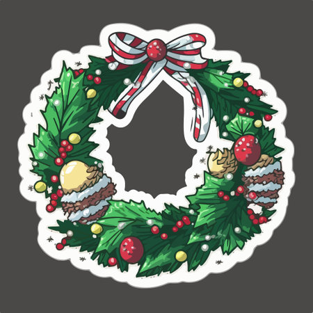 Christmas wreath with holly berry and candy cane, vector illustration.のイラスト素材
