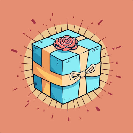 Gift box with ribbon and rose. Vector illustration in doodle style.のイラスト素材
