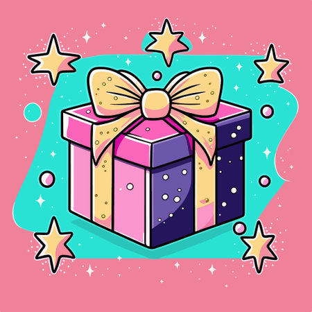 Gift box with bow and stars. Vector illustration in cartoon style.のイラスト素材