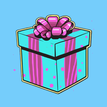 Vector illustration of a gift box with pink ribbon on blue background.のイラスト素材