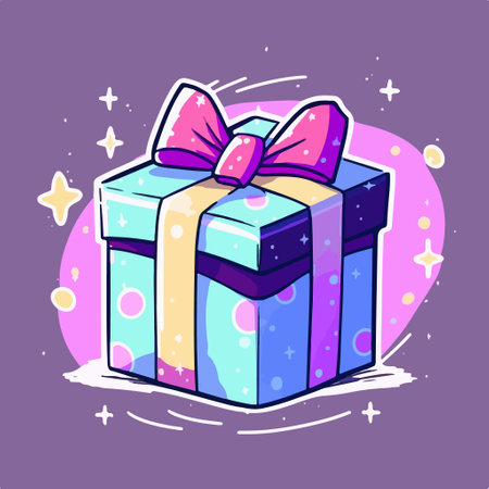 gift box with bow. Vector illustration in cartoon style on purple background.のイラスト素材
