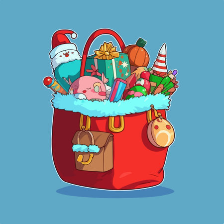 Santa Claus bag full of gifts and toys. vector cartoon illustration.のイラスト素材