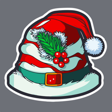 Santa Claus hat with pine branch and holly berry vector illustration.のイラスト素材
