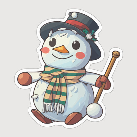 Snowman with hat, scarf and cane. Vector illustration in cartoon style.のイラスト素材