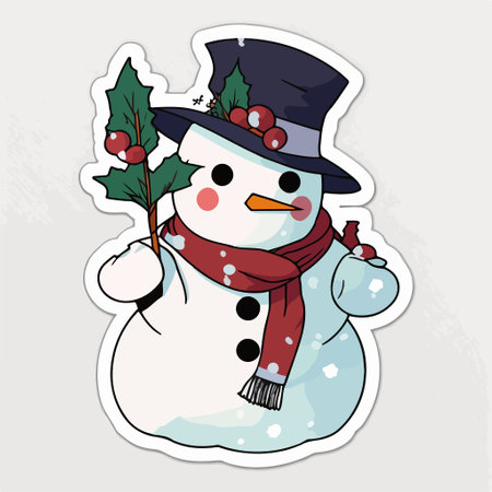 Christmas sticker with snowman and holly berry. vector illustration.のイラスト素材