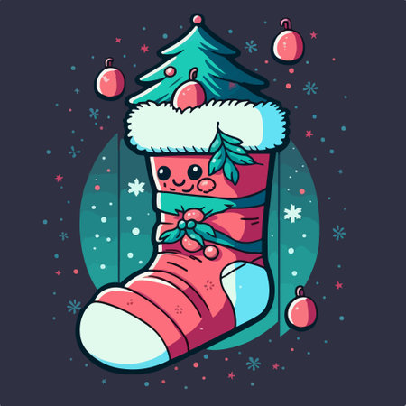 Cute cartoon illustration of a christmas sock with a Christmas tree.のイラスト素材