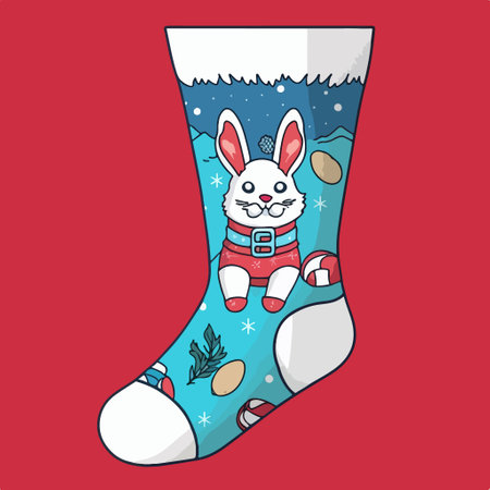 Christmas sock with cute cartoon rabbit. Vector illustration on red background.のイラスト素材