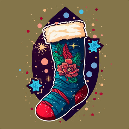 Christmas sock with snowflakes and stars. Vector hand drawn illustration.のイラスト素材