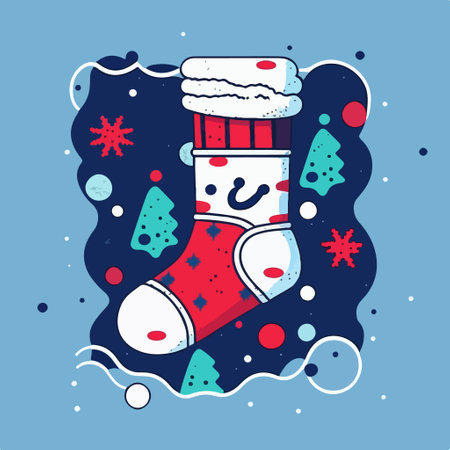 Christmas greeting card with cute sock and snowflakes. vector illustration.のイラスト素材