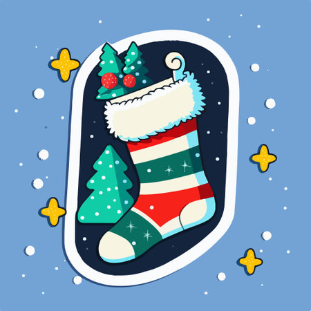 Cute Christmas greeting card with sock and star. vector illustration.のイラスト素材