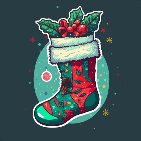 Christmas sock with holly berry and snowflakes. vector illustration.のイラスト素材