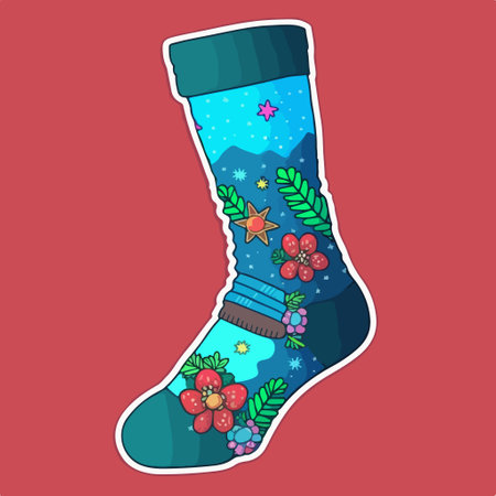 Hand drawn sock with floral pattern. vector illustration. Isolated on red background.のイラスト素材