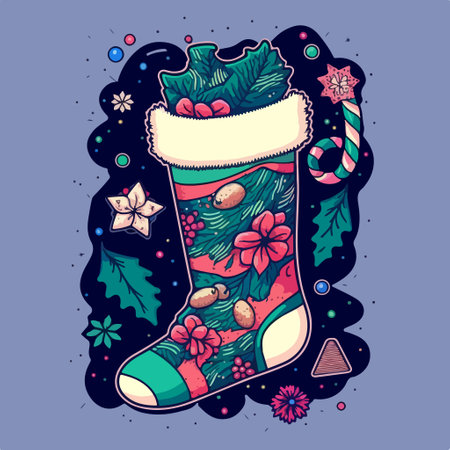 Hand drawn christmas sock with holly leaves, poinsettia flowers and candy canes. vector illustration.のイラスト素材