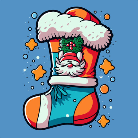 Christmas sock with Santa Claus on a blue background. vector illustration.のイラスト素材