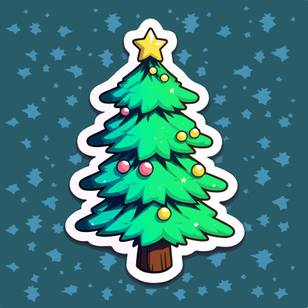 Christmas tree sticker on a blue background with stars. vector illustration.のイラスト素材