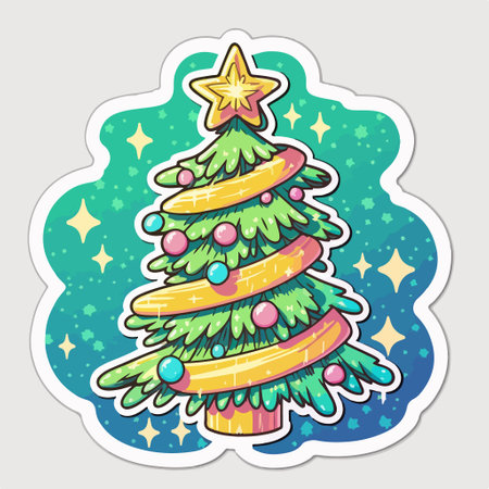 Sticker with christmas tree. Vector illustration in cartoon style.のイラスト素材