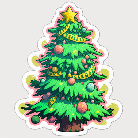 Christmas tree sticker with a star and balls. cartoon vector illustration.のイラスト素材