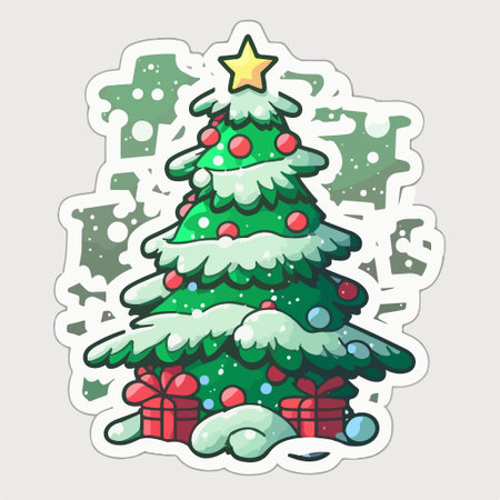 Christmas sticker with a Christmas tree, gifts and snowflakes.のイラスト素材