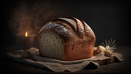 Loaf of bread and wheat ears on a dark background with a lit candleの写真素材