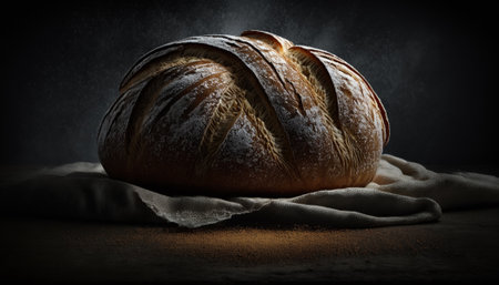 Loaf of bread on a rustic background with copyspaceの写真素材