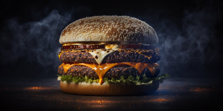 Big tasty cheeseburger on black background with smoke. 3d renderingの写真素材