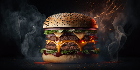 Hamburger with smoke on a black background. 3d rendering