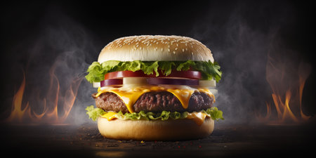 Big tasty cheeseburger on a dark background with smoke and fireの写真素材