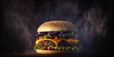 Hamburger with smoke on a dark background. 3d renderingの写真素材