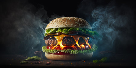 Hamburger on a dark background with smoke. 3d renderingの写真素材