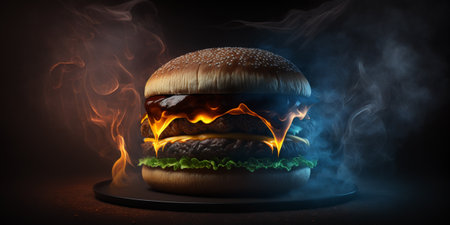 Hamburger with smoke on dark background. 3d rendering.の写真素材