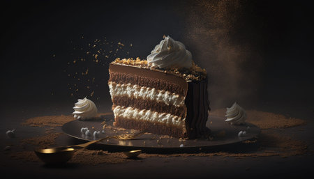 Chocolate cake with flowers and candles on dark background. 3d illustration
