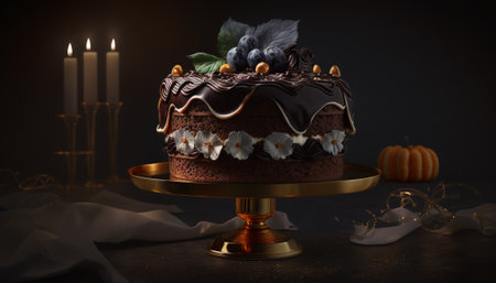 Chocolate cake with whipped cream and cup of coffee on dark backgroundの写真素材