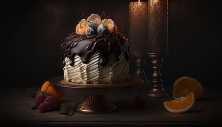 Chocolate cake with whipped cream on a dark background with a candleの写真素材