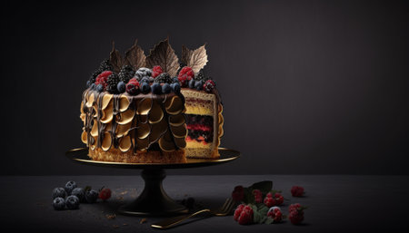Chocolate cake with berries and lit candle on a dark background.の写真素材