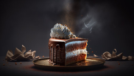 Piece of cake with whipped cream and cocoa powder on black backgroundの写真素材