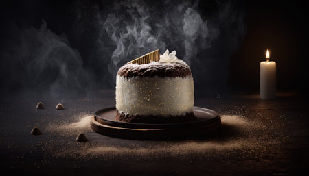 Birthday cake with candle on dark background. 3d rendering.の写真素材