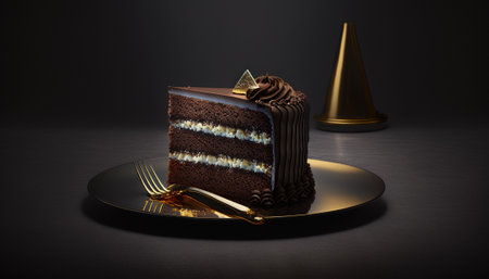 3d rendering of a chocolate cake with golden cutlery on a black backgroundの写真素材