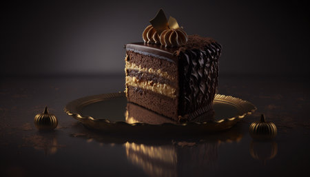 Chocolate cake with whipped cream on a dark background. 3d renderingの写真素材