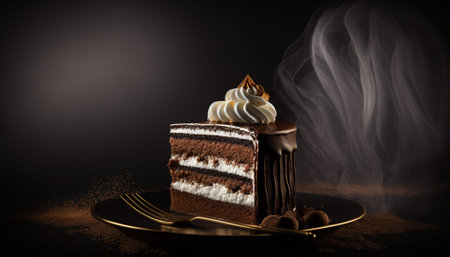 Chocolate cake with whipped cream on a dark background with smoke.