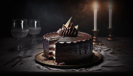 Chocolate cake with candles on a dark background. selective focus. toned.の写真素材