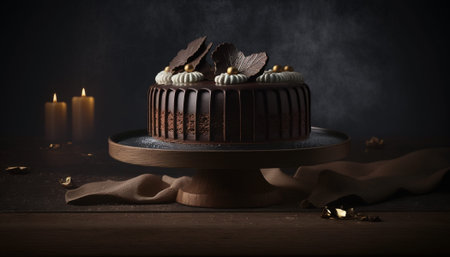Chocolate cake on wooden table with burning candles. 3d rendering