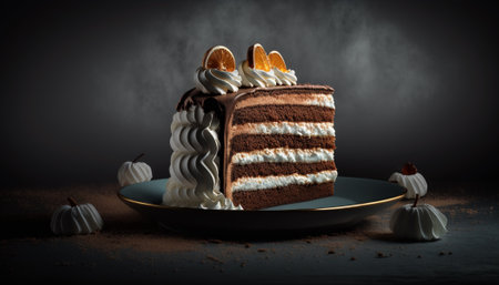 Chocolate cake with whipped cream and orange slices on a dark backgroundの写真素材