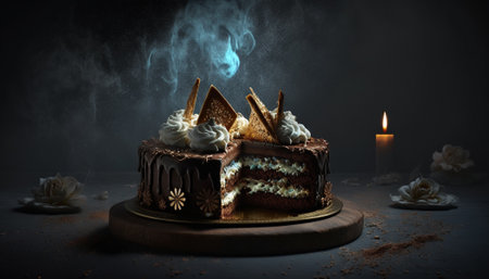 Chocolate cake with cream and chocolate shavings on dark backgroundの写真素材