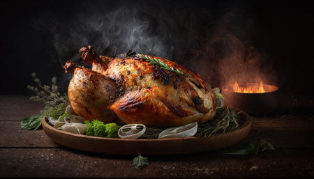 Whole roasted chicken on wooden board over dark background with smoke.の写真素材