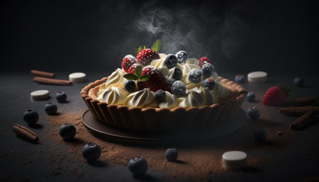 Delicious meringue pie with berries and cinnamon on dark backgroundの写真素材
