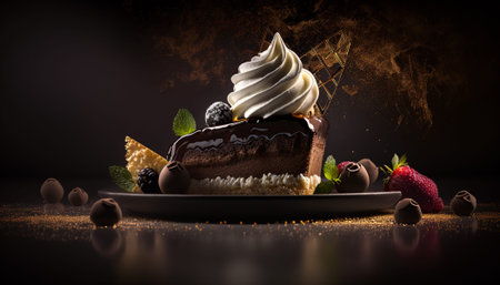 Piece of chocolate cake with whipped cream and berries on dark backgroundの写真素材
