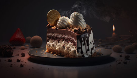 Chocolate cake with whipped cream and chocolate chips on a dark background