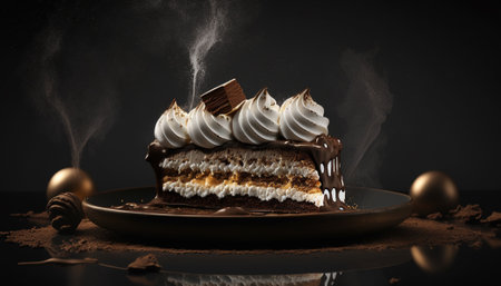 Chocolate cake with whipped cream on a dark background, 3d renderの写真素材