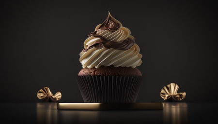 Cupcake with chocolate cream on a black background, close upの写真素材